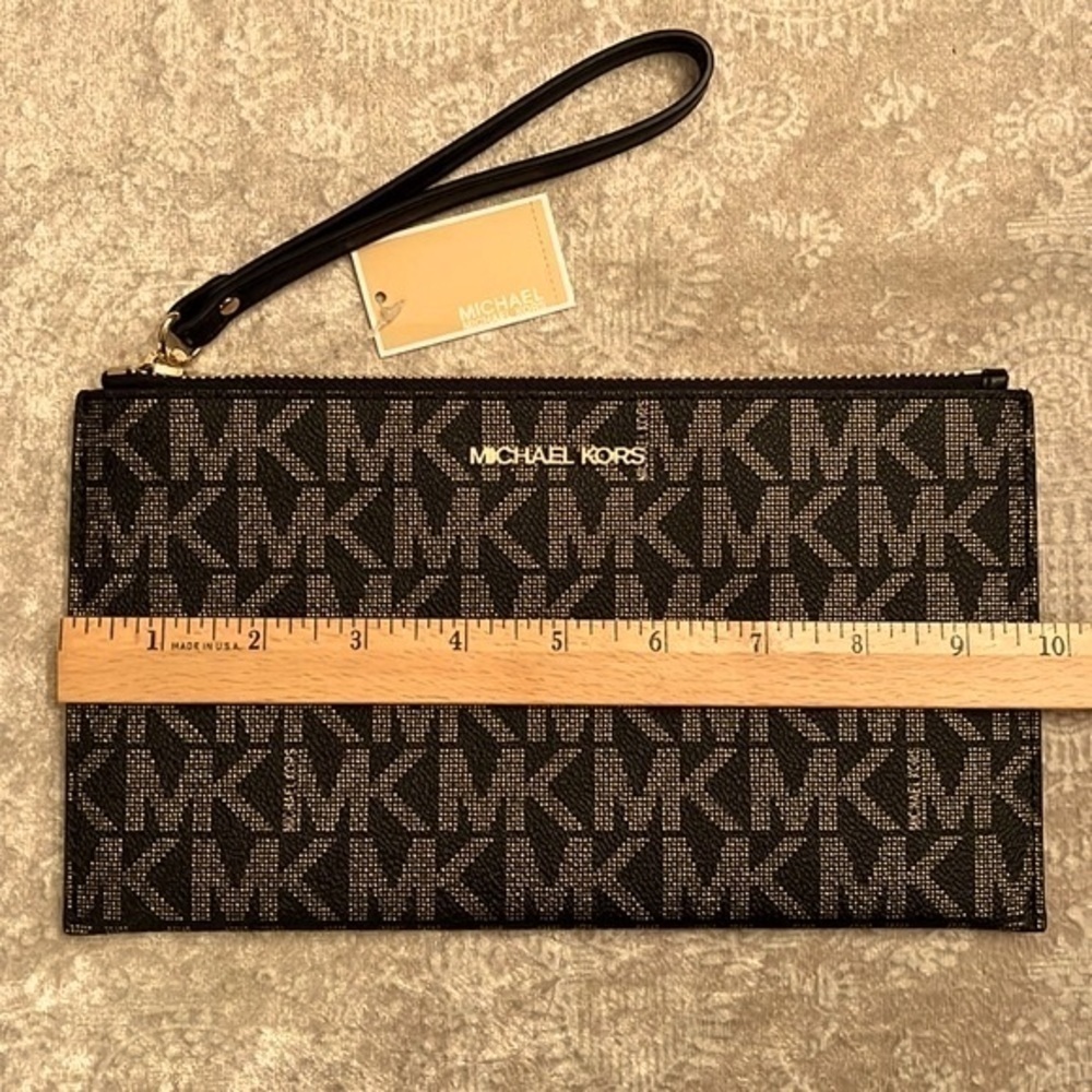 Brand New Michael Kors Large Zippered Clutch Wristlet Black & Gold Jet Set - Picture 5 of 15